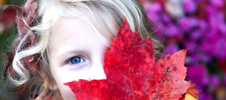 Child showing a maple leaf