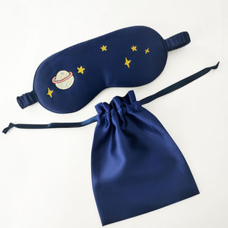 kids silk sleep mask with space themed embroidery and matching pouch
