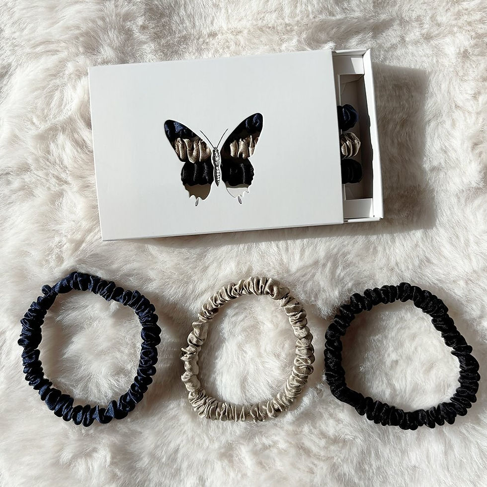 Thumbnail: 3pcs Mulberry Silk Skinny Scrunchies Cold Colours Mix & Match in Gift Box