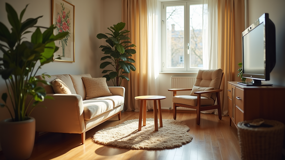 Eye-level view of a cozy living room with a comfortable chair and a small table