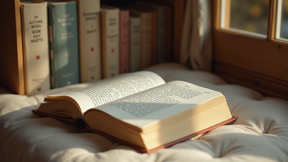 Eye-level view of a cozy reading nook with a stack of caregiving books
