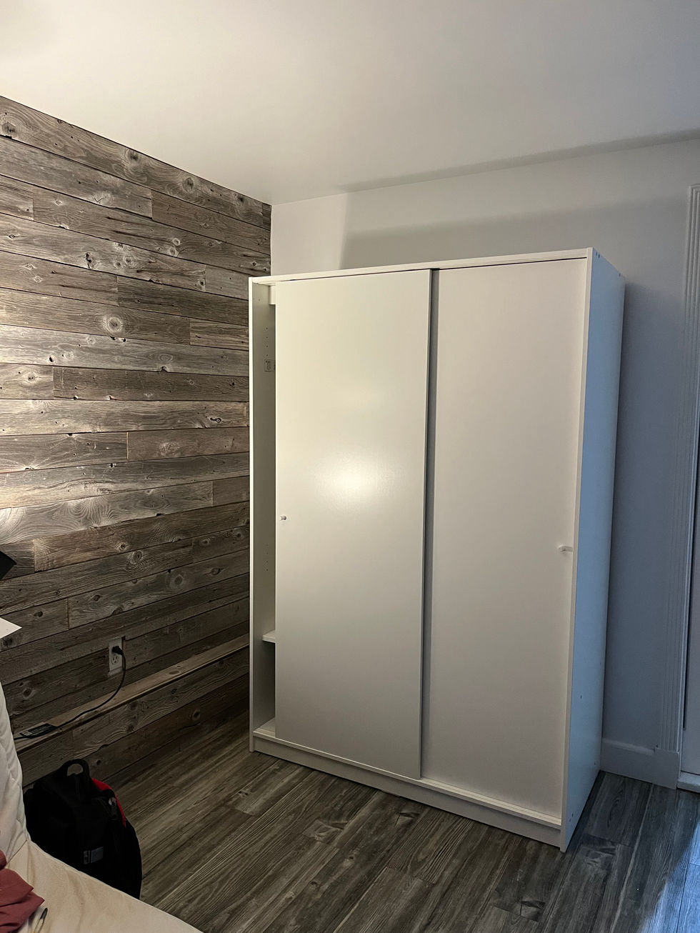 Closet and shelving installation with stud locating, secure hardware, level alignment, and organized layout.