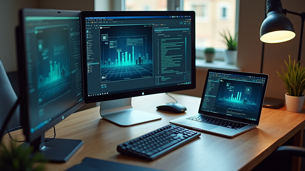 High angle view of a desk with multiple devices showing integrated collaboration software