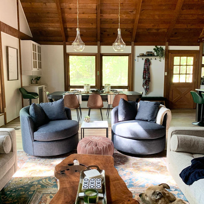 Cabin living room with vaulted wood ceilings