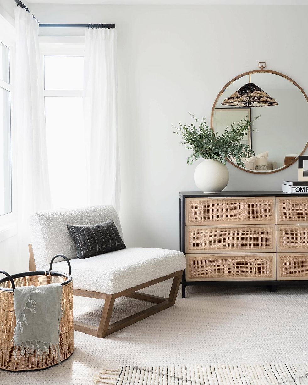 Modern white sherpa chair in bedroom by Leclair Decor