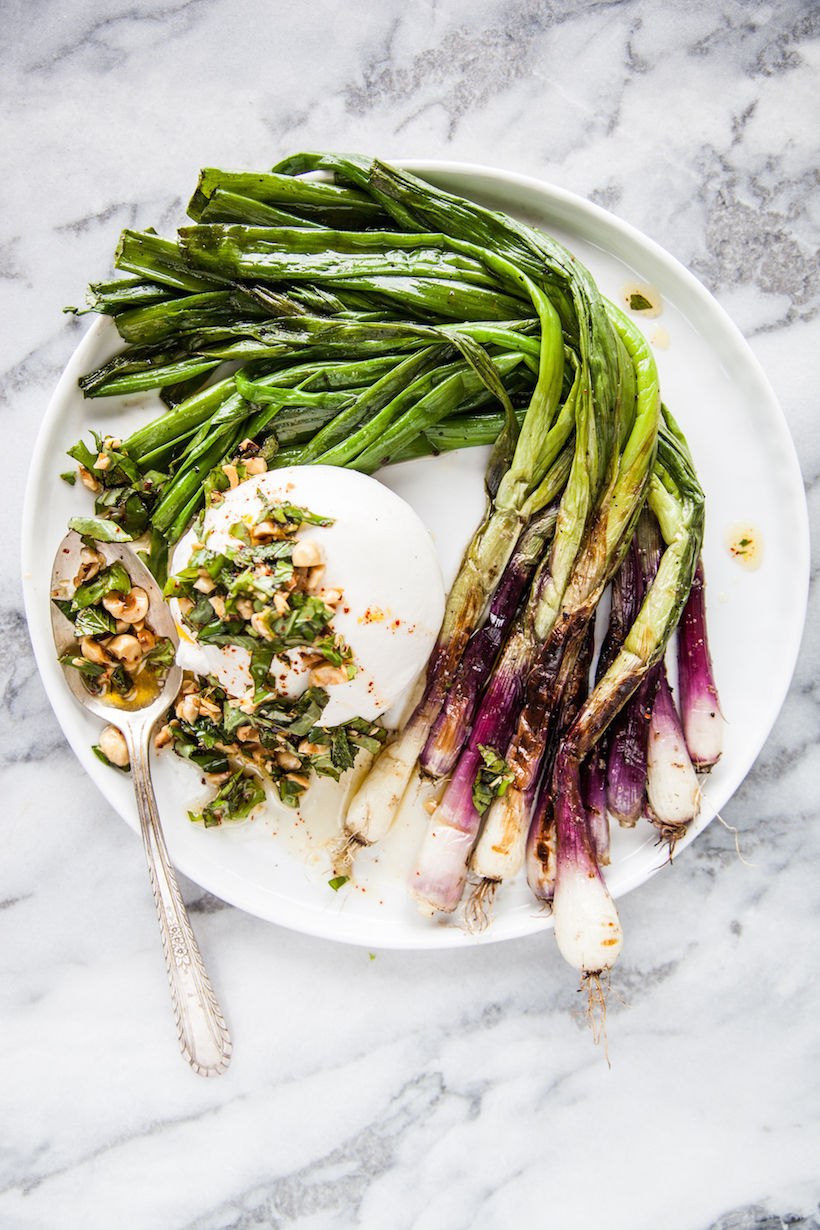 CHARRED SCALLIONS WITH BURRATA AND HAZELNUT MINT PICADA
