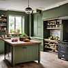 modern green English kitchen with shaker cabinets and freestanding antique wood island.jpg