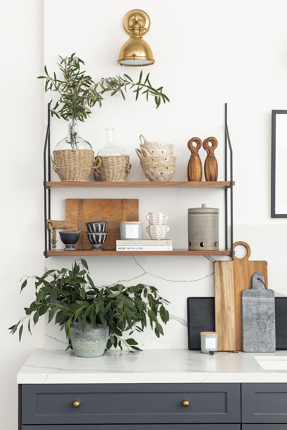 open shelving and quartz counters