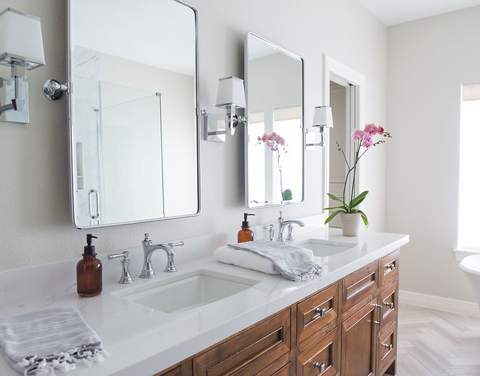 The owners of the Bellaire House Project noticed a leak in their downstairs ceiling that revealed an issue in their upstairs bathroom. Before we began our work, the bathroom had been taken down to the studs. Our selections included a magnificent herringbone tile floor, a custom vanity and cabinets, a new soaking tub, and a shower built for two (or three, as our client welcomed their first child as the project was wrapping up). We were thrilled to be called back to work on their master bedroom, dining room, and downstairs study. Stay tuned for images of those completed spaces.