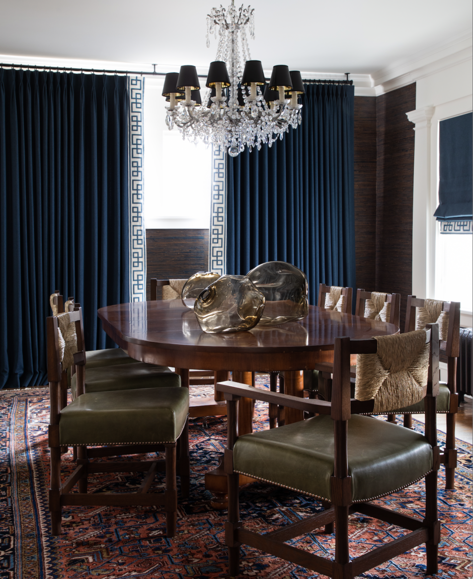dining room with custom drapery
