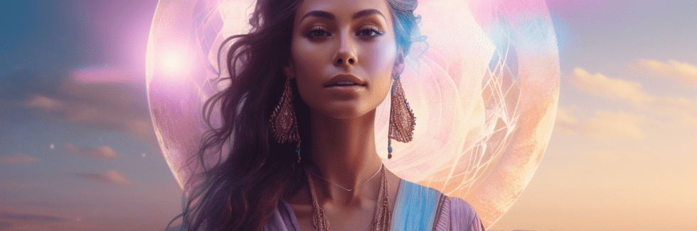 Frau vor kosmischem Hintergrund