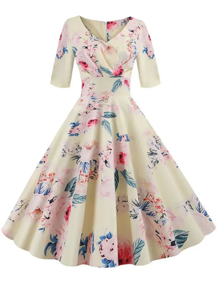 Miniatura: Vestido preto feminino preto de meia-manga Estampado floral