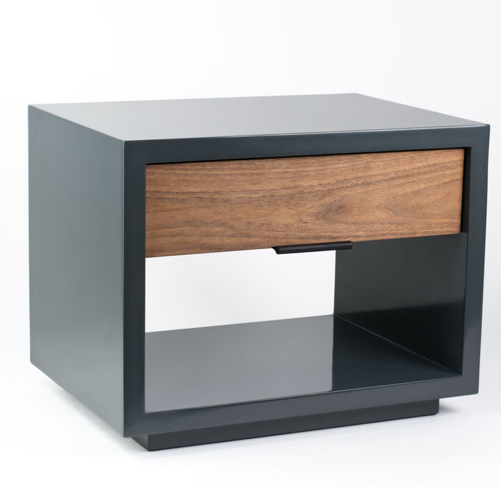 Lacquer nightstand with solid wood drawer and leather pull