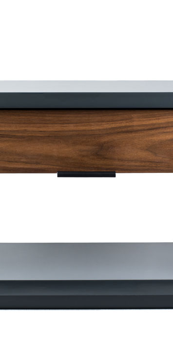 Lacquer nightstand with solid wood drawer and leather pull