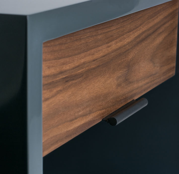 Lacquer nightstand with leather pull corner view