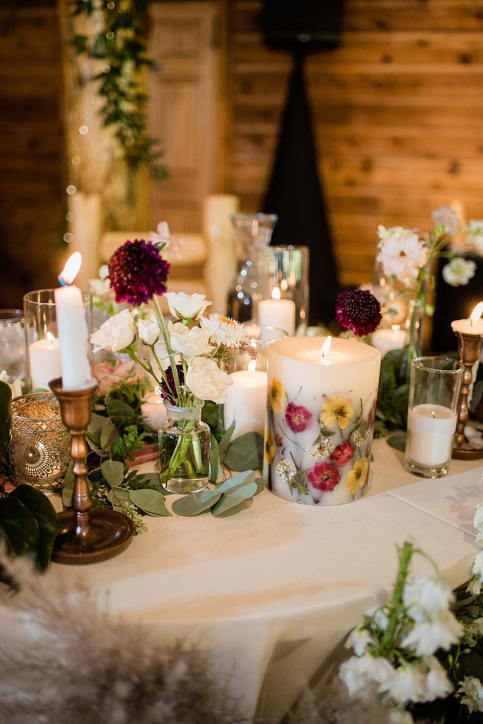 Reception table decorations at the Wild Basin Lodge in Allenspark, CO