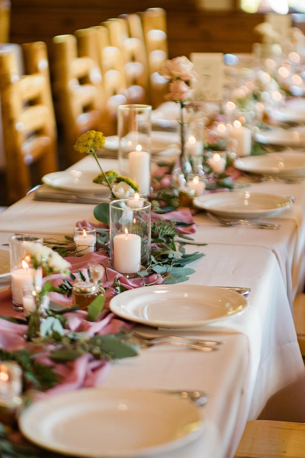 Reception table decorations at the Wild Basin Lodge in Allenspark, CO