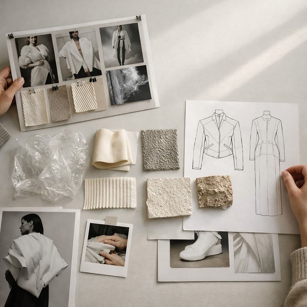 Creative moodboard with fabric swatches, design sketches, and visual references for fashion collection development
