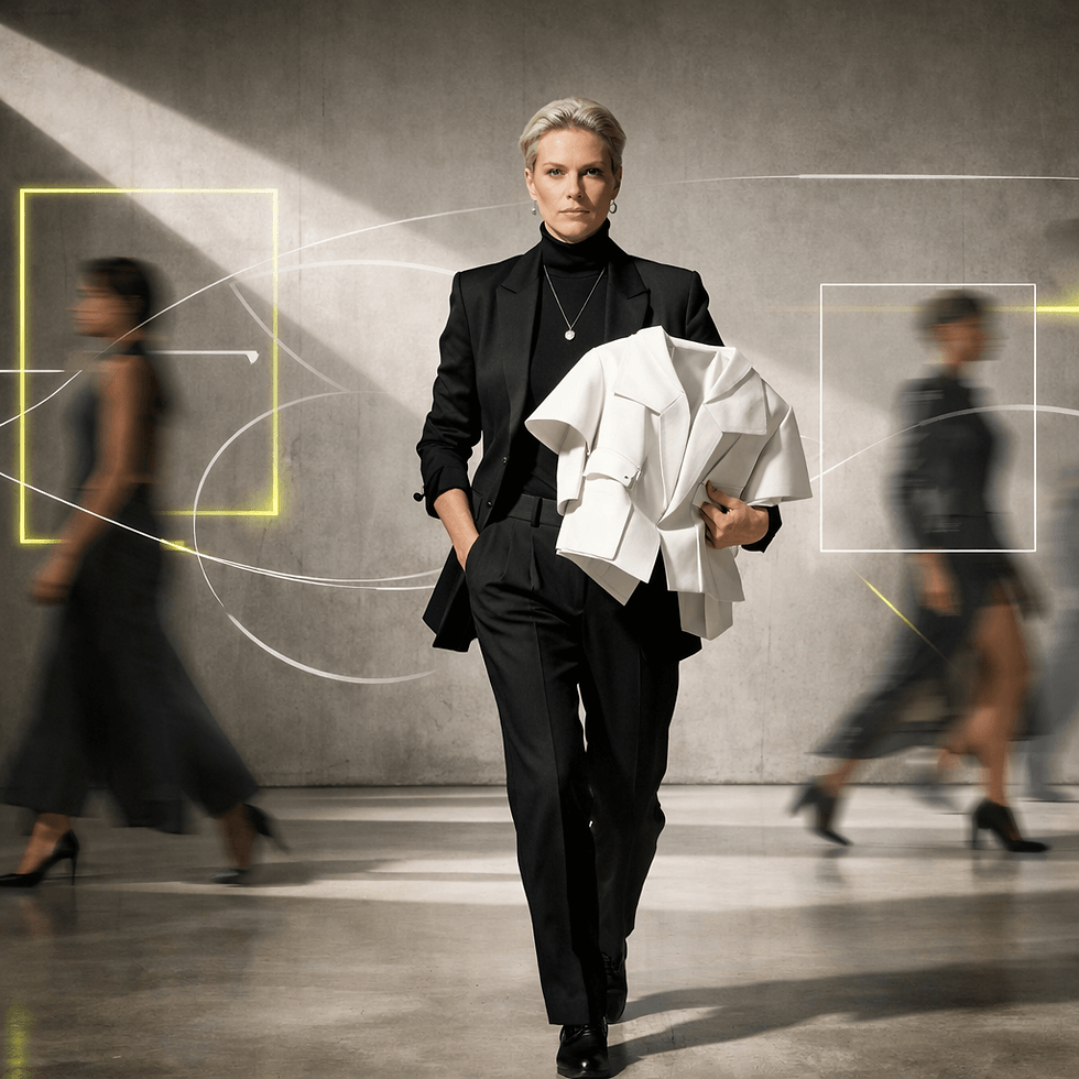 Designer figure in motion within architectural space representing capsule collection concept development process