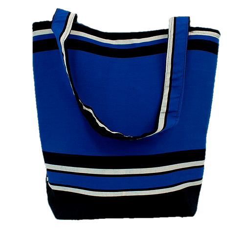 Blue with Black White Horizontal Stripe Tote Bag