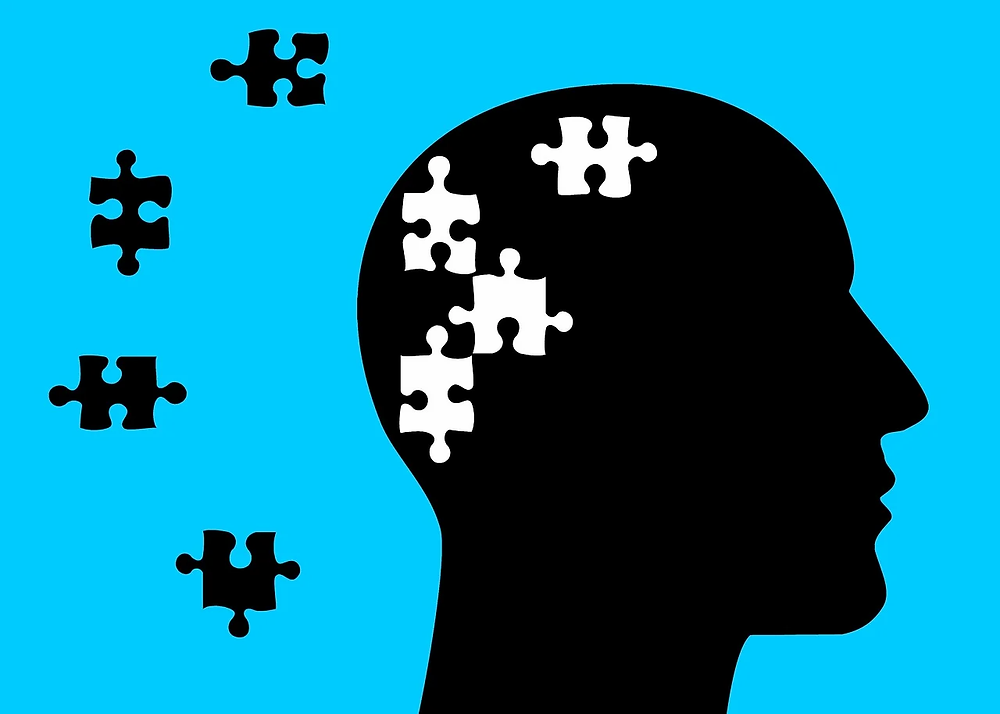 A person's head with puzzle pieces cut out of it