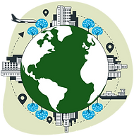 An illustration of the globe surrounded by cities and transport links, representing a global supply chain.
