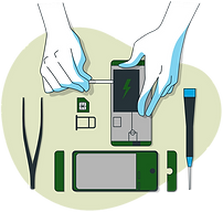 An illustration of hands repairing a smartphone, representing eco-design and product sustainability.