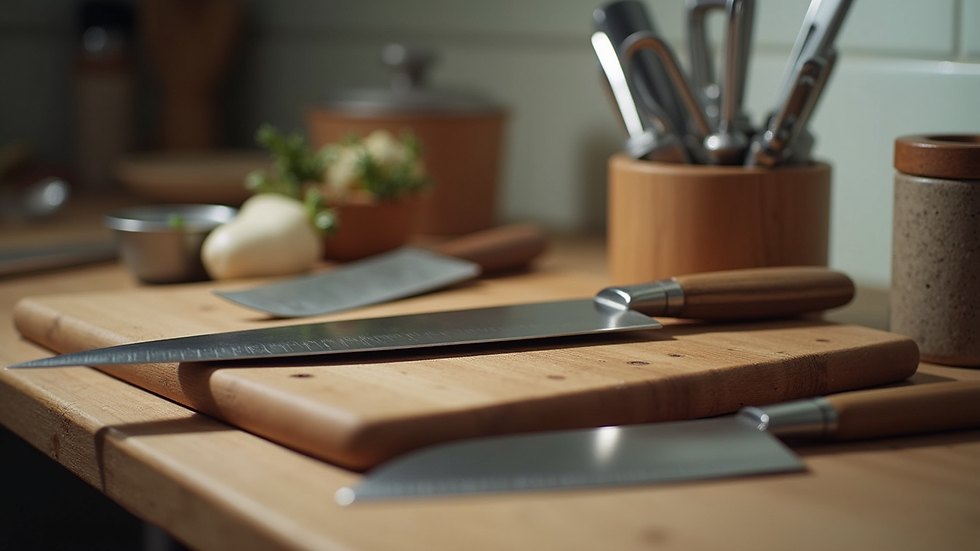 Close-up view of kitchen tools including knives, cutting boards, and containers