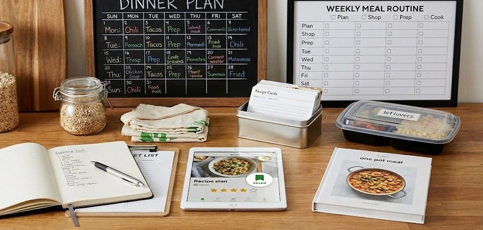A wooden kitchen counter displaying various tools for meal planning and routine. Two framed chalkboards are visible: one titled "DINNER PLAN" with a filled-in monthly calendar of meals like "Chili" and "Tacos," and another titled "WEEKLY MEAL ROUTINE" with a checklist for "Plan," "Shop," "Prep," and "Cook." An open notebook with a handwritten "Grocery List" and a pen sits next to a clipboard with a "MARKET LIST." A tablet shows a recipe app with a saved recipe. Also present are a tin of recipe cards, a "one pot meal" cookbook, a plastic container labeled "leftovers" with food, jars of grains, and a folded towel. The scene emphasizes organization and preparation.