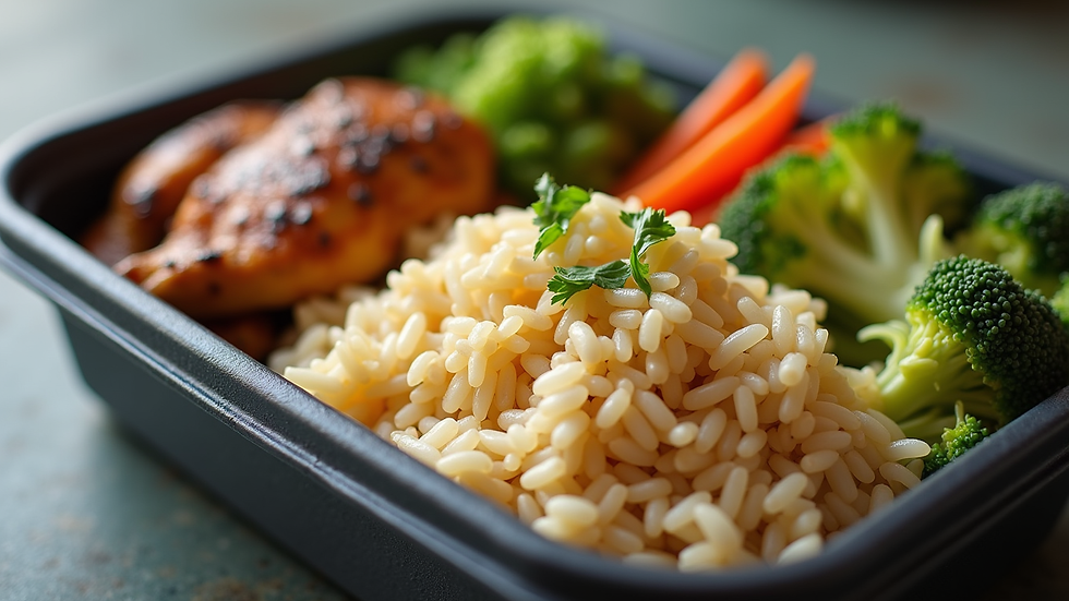 Close-up view of a meal prep container with healthy portions of rice, chicken, and vegetables