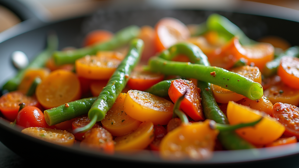Close-up view of a colorful veggie stir-fry in a skillet
