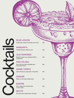 Stylish bar menu featuring signature cocktails with clean, classy design