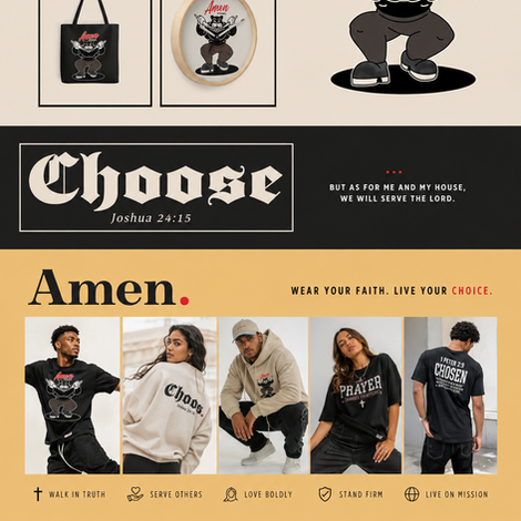 Amen Ad, featuring Choose design line, mascots and merch