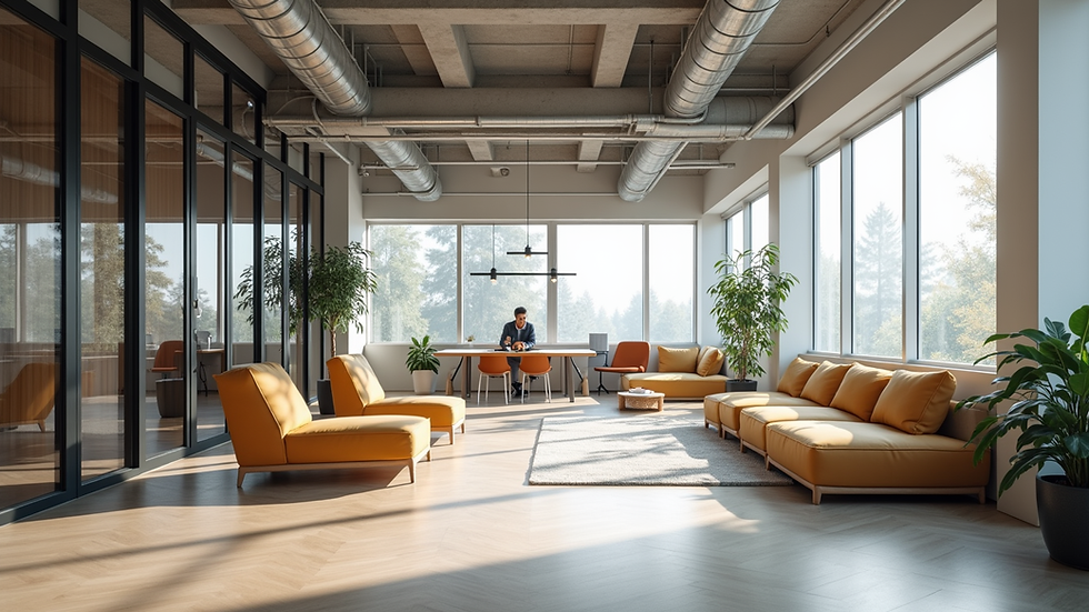 Eye-level view of a modern open office space with flexible seating