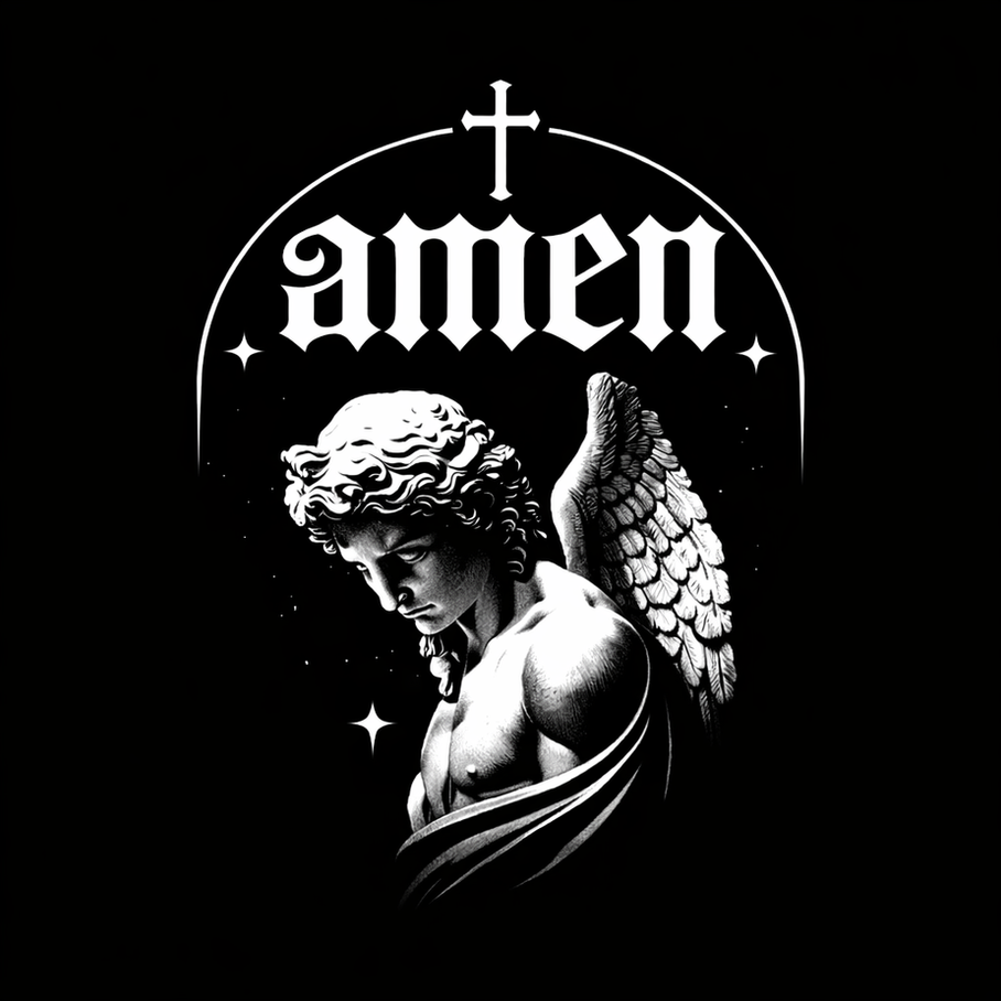 Amen in gothic type, a cross and Michael the arch angel.