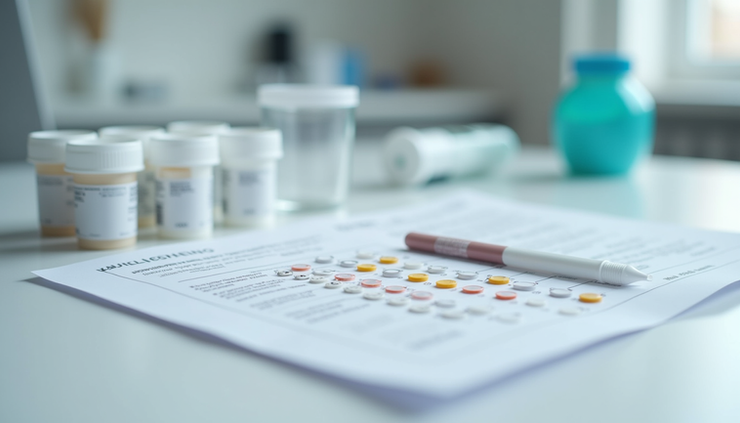 Eye-level view of a drug testing kit on a clean white table