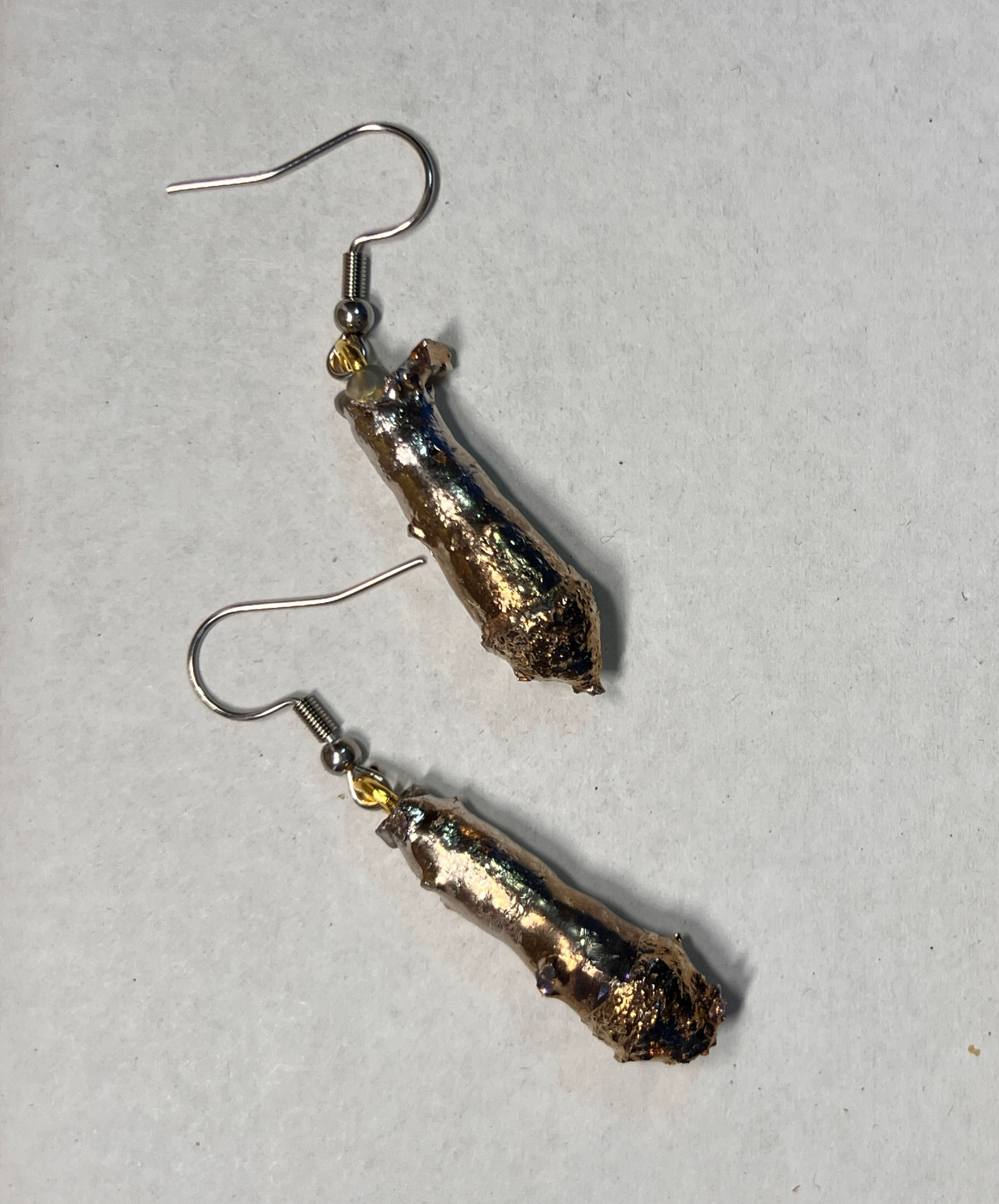 Bismuth gold and silver pendant earrings $35