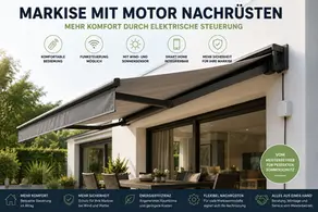 Elektrische Kassettenmarkise nach der Nachrüstung mit Motor und Funksteuerung auf einer modernen Terrasse.