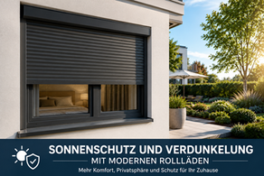 Moderne Aluminium-Rollläden an einem Wohnhaus bieten effektiven Sonnenschutz, Verdunkelung und Hitzeschutz für Wohnräume.