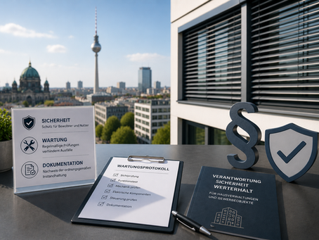 Betreiberpflichten bei Rollläden und Sonnenschutzanlagen in Berlin – Wartung, Dokumentation und Instandhaltung für Hausverwaltungen, Facility Management und Gewerbeobjekte.
