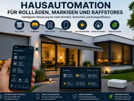 Moderne Hausautomation für Rollläden, Markisen und Raffstores mit Smart-Home-Steuerung, App-Bedienung und automatischer Steuerung für mehr Komfort, Sicherheit und Energieeffizienz.