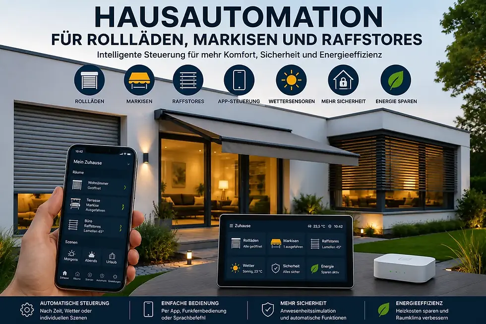 Moderne Hausautomation für Rollläden, Markisen und Raffstores mit Smart-Home-Steuerung, App-Bedienung und automatischer Steuerung für mehr Komfort, Sicherheit und Energieeffizienz.