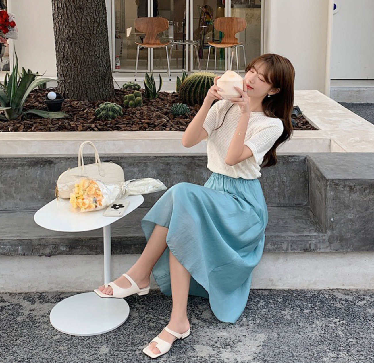 [SET] 펀칭티셔츠+쉬폰스커트