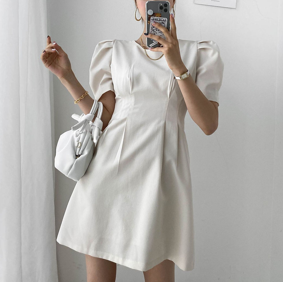 섬네일: 퍼프 원피스 허리 캐치 미니 원피스 화이트