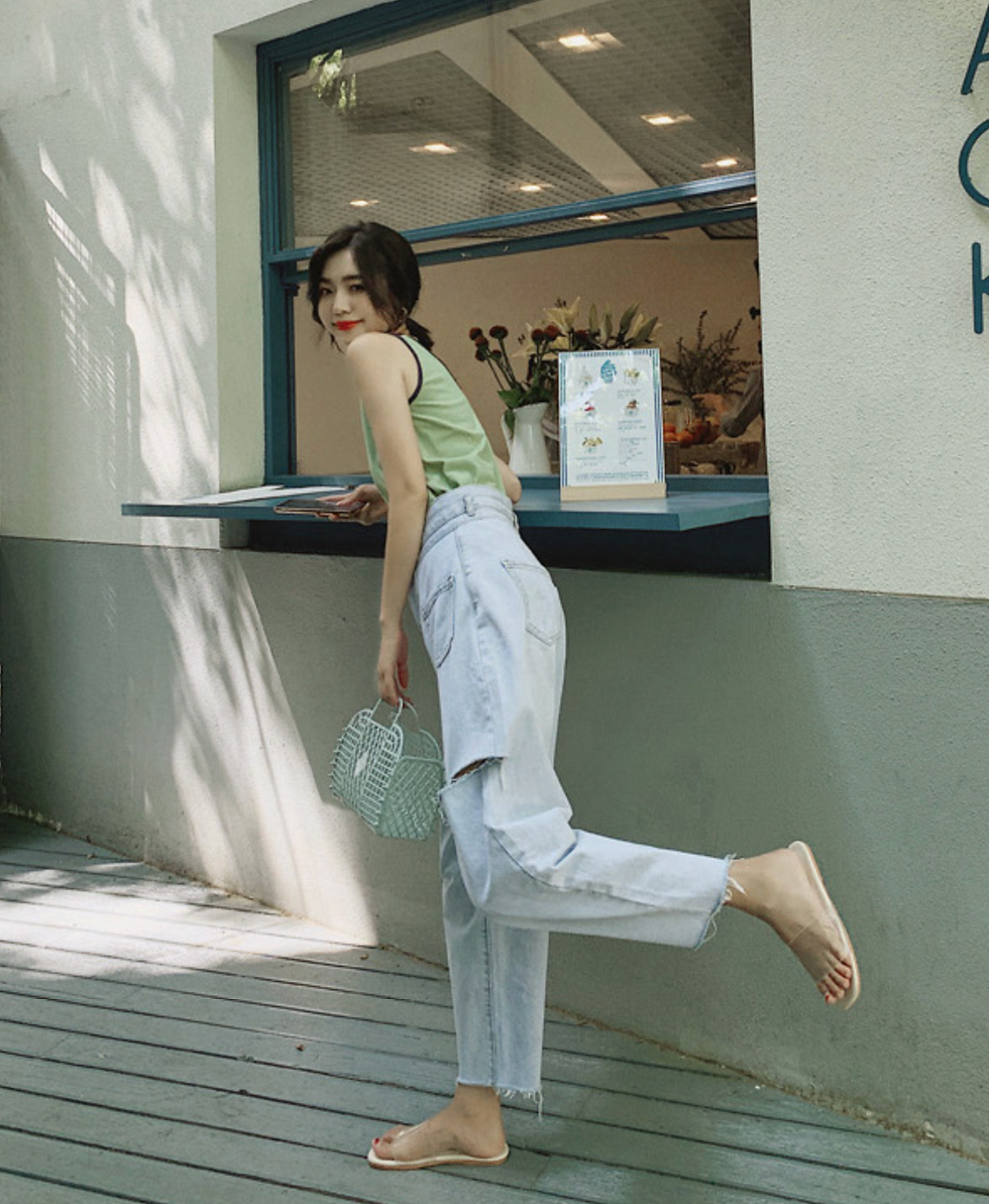 섬네일: [ M완판 ] 데미지 하이웨스트 투 버튼 데님 팬츠