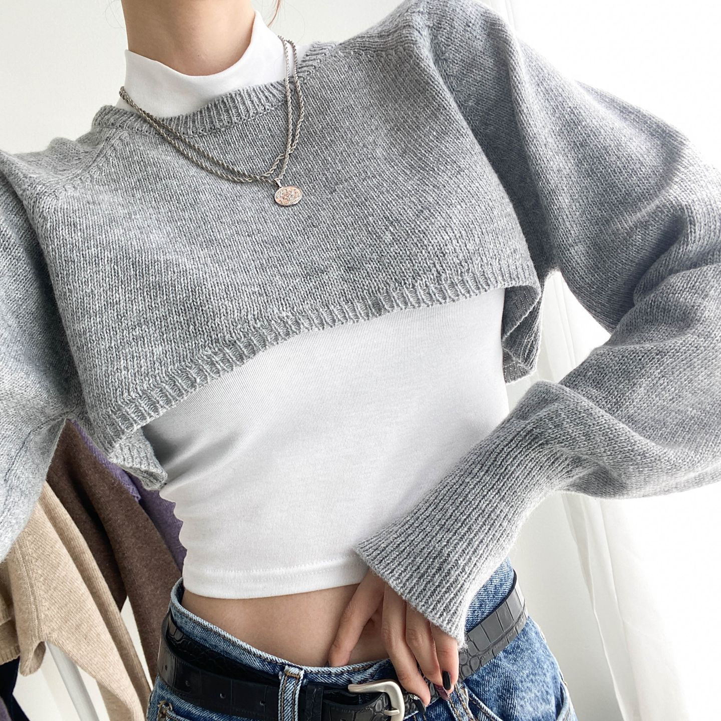 [5color] 볼레로 스타일 크롭 니트 긴팔티 라운드넥