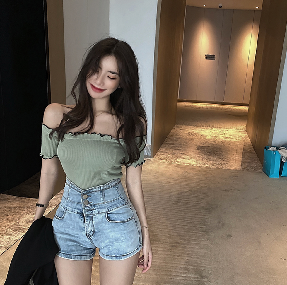 섬네일: 웨이브 밴딩 오프숄더 니트 반팔