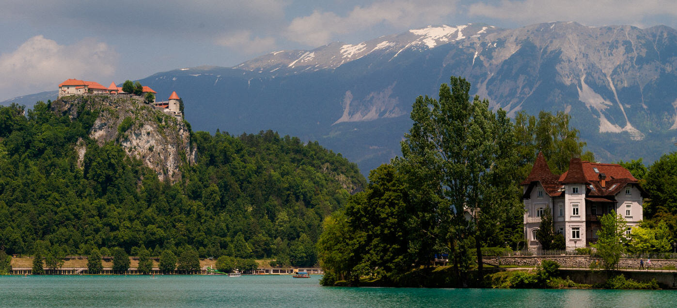 Lake Bled, the lakeside villa and Bled Castle beneath the mountains