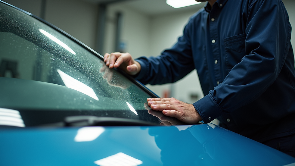 High angle view of a windshield replacement in progress