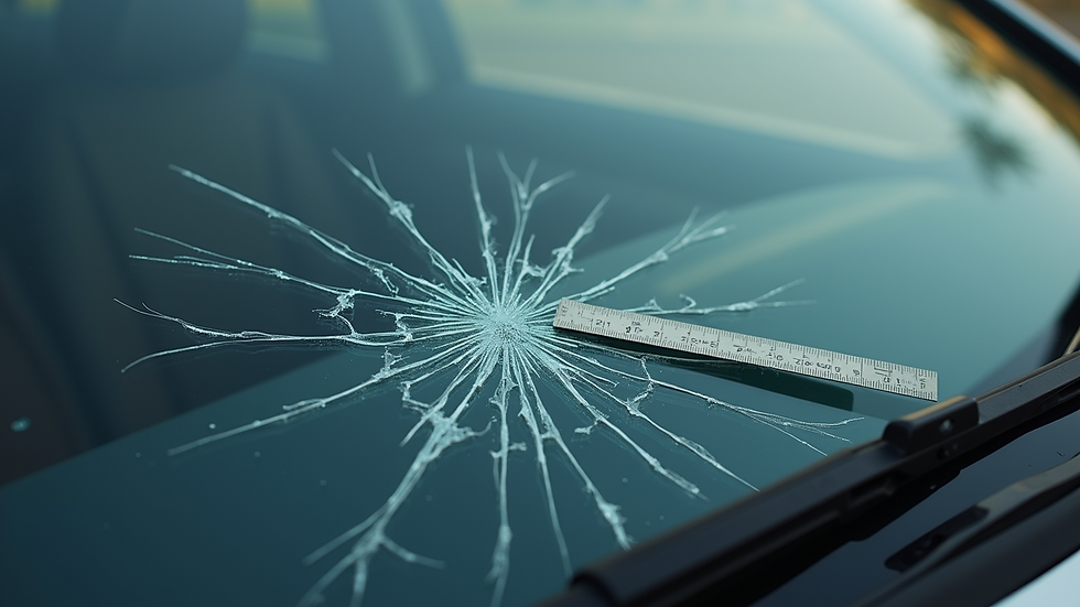 High angle view of a cracked windshield with a ruler measuring the crack length